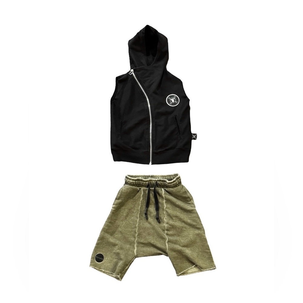 Nununu Toddler Boys Black Zip Hood Harem Alternative Grunge Shorts Size 2-3 EUC